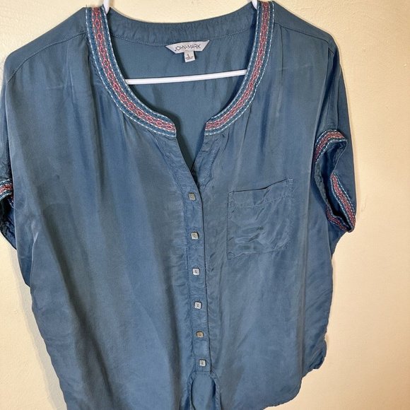 John Mark Loose Fit Women Ash Blue Blouse Large Embroidered Short Sleeve Top - Picture 1 of 8